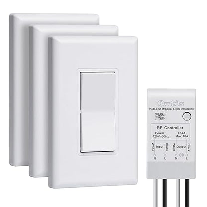 Wireless Light Switch and Receiver Kit, Ortis 300ft RF Range Wireless Wall Switches for Lights, Fans, Battery Included, No Wiring Needed (3 Switches & 1 Receiver Kit)