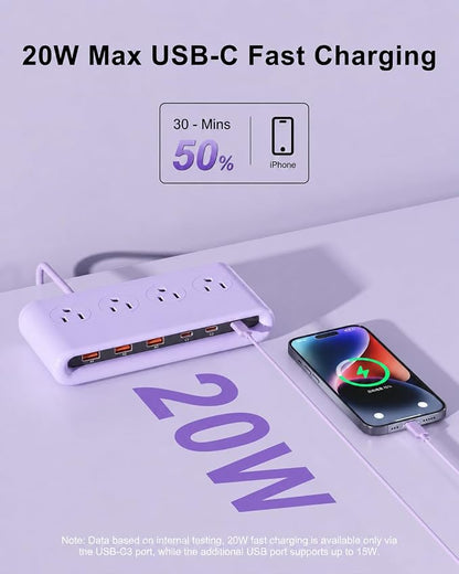 Power Strip with USB Port - 4AC & 6 USB(3USB C), Outlet Extender 5FT | Flat Plug Extension Cord with Multiple Outlets, PD20W Bedside Charging Station for Multiple Devices - Travel Home Office