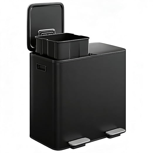 Garvee Trash Can, 2 x 8 gal (2 x 30 L) Garbage Can for Kitchen Dual Compartment Recycling Kitchen Step Trash Bin, Stainless Steel Trash and Recycle Bin Combo with Soft-Close Lid,Black