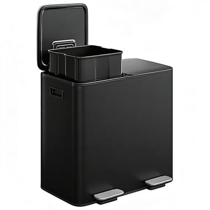 Garvee Trash Can, 2 x 8 gal (2 x 30 L) Garbage Can for Kitchen Dual Compartment Recycling Kitchen Step Trash Bin, Stainless Steel Trash and Recycle Bin Combo with Soft-Close Lid,Black