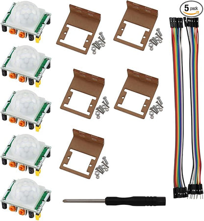 5PCS HC-SR501 Infrared PIR Motion Sensor Human Body Sensor Module + 5PCS Bracket Case Holder + Screwdriver + 10 x Female + 10 X Male Jumper