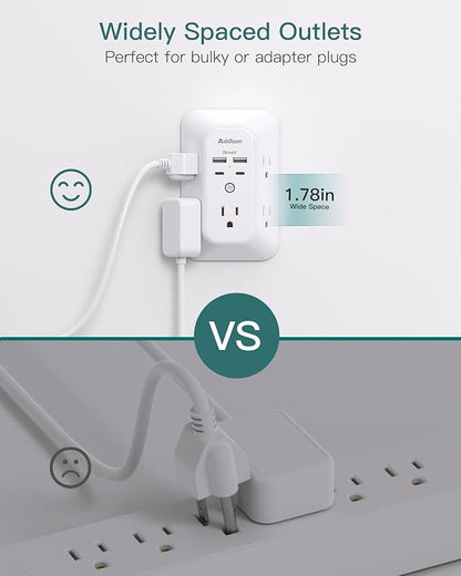 Addtam 5-Outlet Extender Surge Protector, Multi Plug Wall Outlet with 4 USB Wall Charger(2 USB C), Outlet Splitter Power Strip for Home Office Dorm Room Essentials, Plug Extension Outlet 1800J, 2 Pack