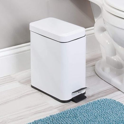 mDesign 5 Liter Rectangular Small Steel Step Trash Can Wastebasket, Garbage Container Bin for Bathroom, Powder Room, Bedroom, Kitchen, Craft Room, Office - Removable Liner Bucket, Matte White