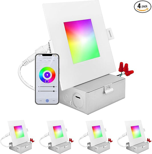 LUXRITE 4 Inch Square Smart LED Recessed Lighting, RGBW Color Changing, WiFi App Control, Voice Control with Alexa and Google Home, No Hub Required, 10.5W 700LM, CRI 90, IC Rated, Wet Rated (4 Pack)