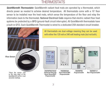 QuietWarmth Thermostat THERMPROTOUCH Color Touch Screen Smart Home/WiFi Thermostat w/Built-in GFCI for Control of 120V or 240V Radiant Heat Includes Floor Sensor