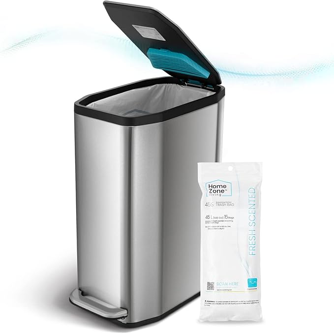 Home Zone Living 13 Gallon Slim Kitchen Trash Can with CleanAura Odor Control, Soft-Close Lid and Step Pedal, Stainless Steel, Silver