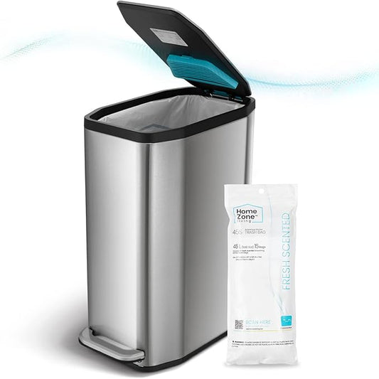 Home Zone Living 13 Gallon Slim Kitchen Trash Can with CleanAura Odor Control, Soft-Close Lid and Step Pedal, Stainless Steel, Silver