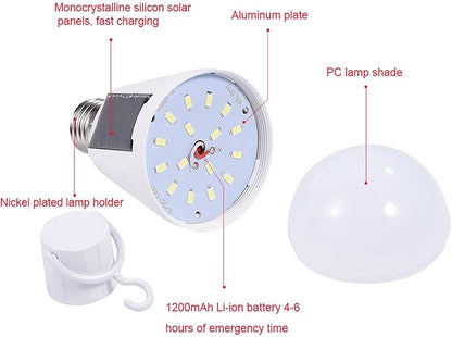 POCREATION Solar LED Light Bulb, Emergency Lamp 12W 1200mAh Battery IP65 Fast Charging 3 Panel E27 Base for Camping Power Outages Outdoor Indoor Use