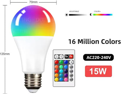 LED Color Changing Bulb, Smart RGB Night Light with Remote Control, Warm White 5/10/15W, E27 Base, 16 Colors for Home Decor Bedroom Stage Party Mood Light, 2 Pack (15W Warm White)