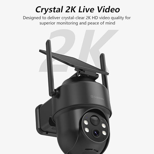 GALAYOU 2K Security Cameras Wireless Outdoor-360° PTZ Cameras for Home Security with Solar Panel/Battery Powered, Night Vision, Two-Way Audio, PIR Sensor, Works with Alexa, R1 4P Black (2.4Ghz Only)