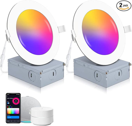 POWERASIA 2 Pack Smart Recessed Lighting 4 Inch, Ultra-Thin LED Recessed Lighting 9W 850LM Smart Downlight with Junction Box, Compatible with Alexa/Google Assistant - ETL and Energy Star