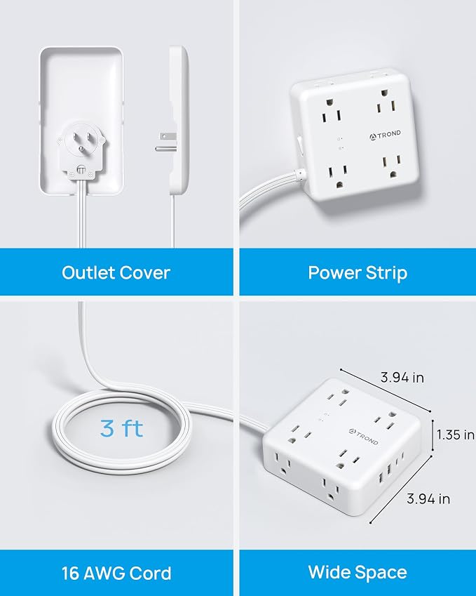 TROND Flat Outlet Cover Extender, 3FT Short Extension Cord with 8 Outlets | Ultra Thin Power Strip Cord Concealer with 4 USB Ports, 1700 Surge Protector, Idea for Home Improvement to Hide TV Messy Cord