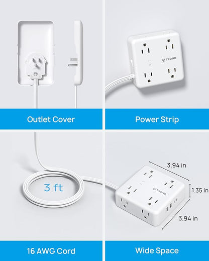 TROND Flat Outlet Cover Extender, 3FT Short Extension Cord with 8 Outlets | Ultra Thin Power Strip Cord Concealer with 4 USB Ports, 1700 Surge Protector, Idea for Home Improvement to Hide TV Messy Cord