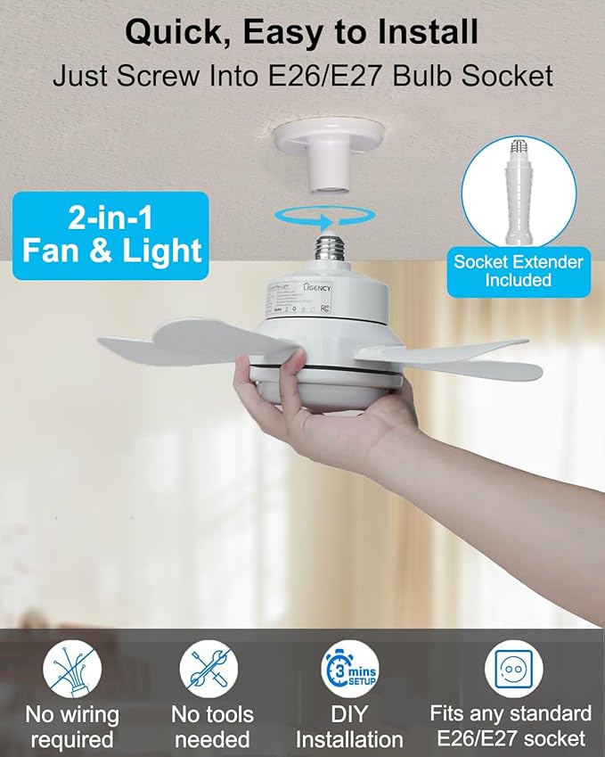 Ligency Smart Socket Fan Light with Remote, 16 inch Small Socket Ceiling Fan Light with RGBW, E26 Screw in Ceiling Light Bulb Fan, 1800Lm, Work with Alexa & Google Assistant for Garage Bedroom, White