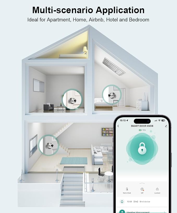 Smart Door Knob with Lock,Fingerprint Door Lock,2 Pcs,Burnished Silver | Smart Lock with Auto-Lock , App, Key, Fingerprint Door Locks for Front Door, Garage, Apartment, Hotel, Interior, Exterior