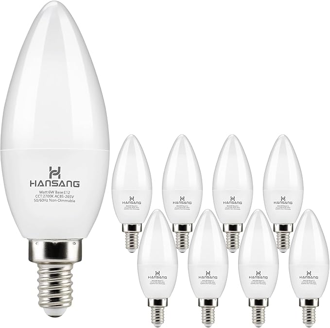 8 Pack E12 LED Candelabra Bulbs 2700K Warm White, 6W 60Watt Equivalent, B11 Ceiling Fan Light Bulbs Small Base, Type B Light Bulb for Chandelier, 600LM, 120V, Non-dimmable
