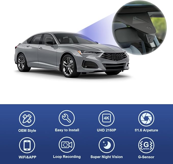 Fitcamx 4K Dash Cam Suitable for Acura TLX 2024-2025 & TLX Type S (HD2-D6430), OEM Factory Look, 2160P UHD Video, Built-in WiFi & APP, Loop Recording, Collision Detection, Easy to Install, 64GB Card