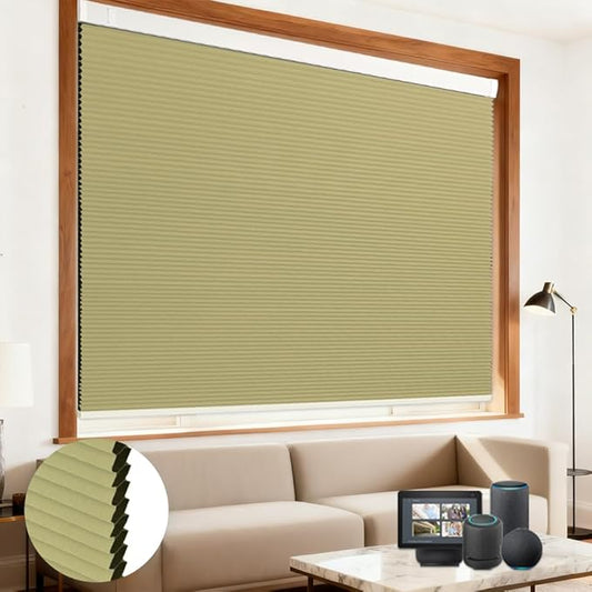 Motorized Cellular Shades with Remote Blackout Honeycomb Smart Blinds Options for Indoor Windows, Remote/Alexa/Matter Compatible, Easy DIY Installation (Apricot)