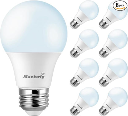 Maelsrlg A19 LED Light Bulbs 60 Watt Equivalent, 90 CRI, Dimmable, Daylight 5000K, 760 Lumens, E26 Base, 120V, 8W LED Bulbs for Bedroom Living Room, 8-Pack