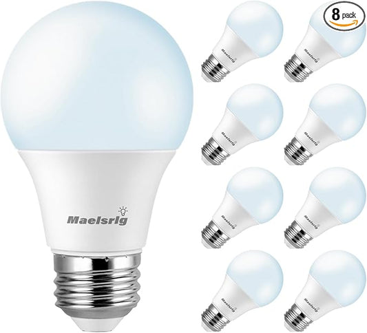 Maelsrlg A19 LED Light Bulbs 60 Watt Equivalent, 90 CRI, Dimmable, Daylight 5000K, 760 Lumens, E26 Base, 120V, 8W LED Bulbs for Bedroom Living Room, 8-Pack