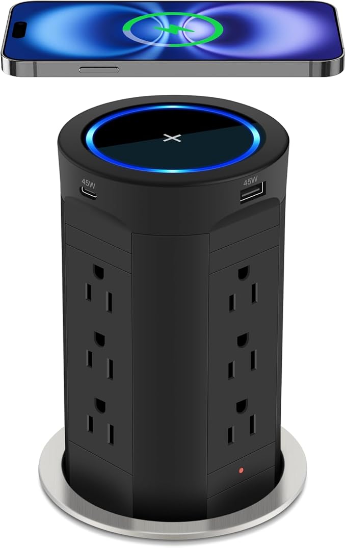 4-inch Pop Up Outlet for Countertop with 45W USB,17-in-1 Desktop Power Strip with 15W Wireless Charger,12 Outlets 4 USB Ports,15Amp Tamper Resistant Receptacle for Home Office Kitchen Black