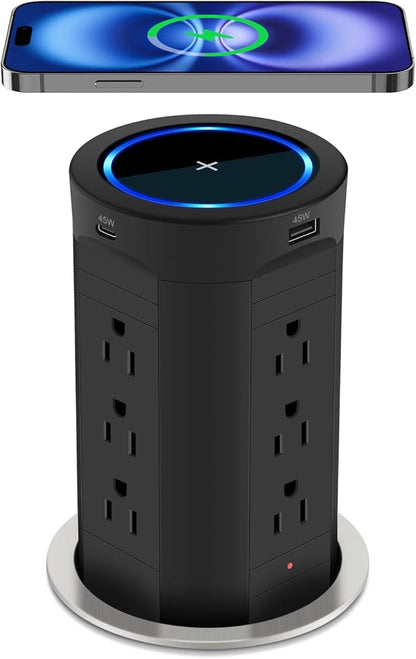 4-inch Pop Up Outlet for Countertop with 45W USB,17-in-1 Desktop Power Strip with 15W Wireless Charger,12 Outlets 4 USB Ports,15Amp Tamper Resistant Receptacle for Home Office Kitchen Black