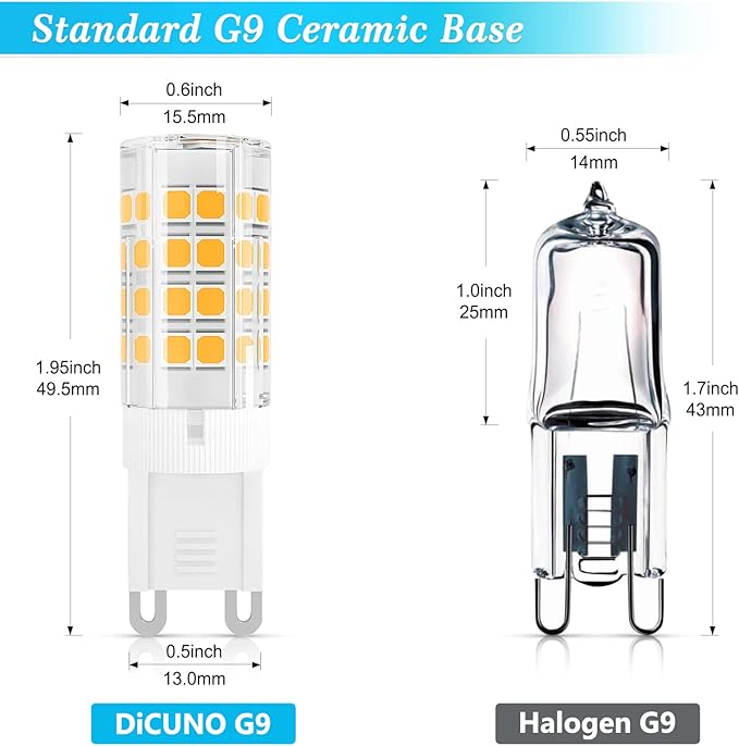 DiCUNO G9 LED Light Bulb 4W, 40W Halogen Replacement, Warm White 3000K, 450 Lumen, G9 Bi-Pin Ceramic Base Bulb, 120V, Non-dimmable, for Chandelier Lighting, Pendant Light, 10-Pack
