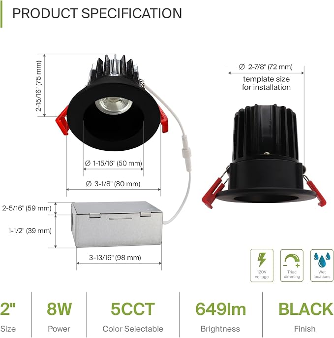 ASD 2 Inch LED Recessed Lighting with Junction Box, 8W 650 Lm, Dimmable Anti-Glare Downlight, 2700K/3000K/3500K/4000K/5000K Selectable, CRI 90+, Round Black Trim, IC Rated, ETL, Energy Star, 18 Pack