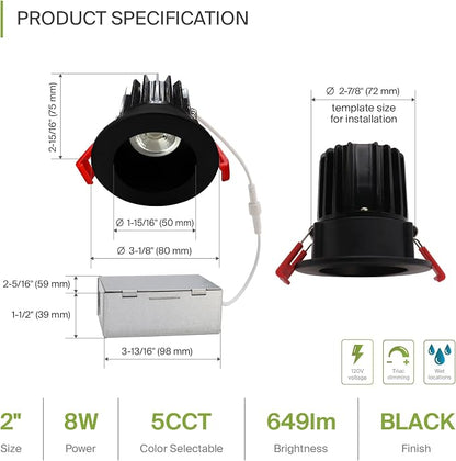 ASD 2 Inch LED Recessed Lighting with Junction Box, 8W 650 Lm, Dimmable Anti-Glare Downlight, 2700K/3000K/3500K/4000K/5000K Selectable, CRI 90+, Round Black Trim, IC Rated, ETL, Energy Star, 18 Pack