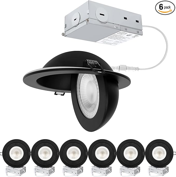POPANU Recessed Lighting 6 inch - 12W Gimbal Light Eyeball Sloped Ceiling Recessed Spotlight 1300lm Black Trim 90° Tilt Swivel Soffit Wafer Lights 5CCT Adjustable Indoor Dimmable Black 6 inch 6 Pack
