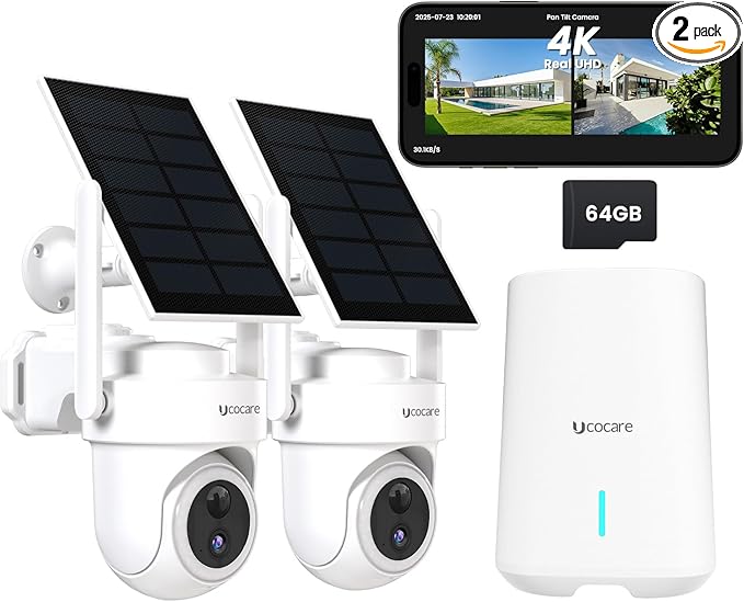UCOCARE Solar Security Camera System, Stable 300m WiFi Coverage, 4K Solar Cameras for Home Security with Base Station, 64GB TF Card, No Subscription, 360° AutoTracking, 5G & 2.4G WiFi, 2 Cam-Kit