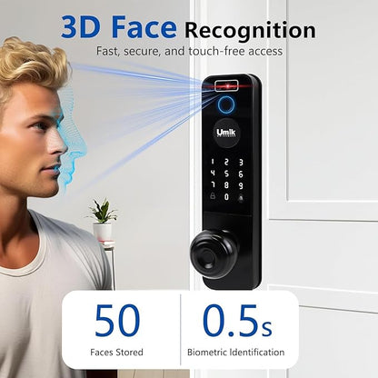 UMIKSMART Video Smart Door Lock with Camera, 3D Face Recognition & Fingerprint, WiFi Keyless Entry Deadbolt, Doorbell, Keypad, Tuya App Control for Home & Apartment, Black