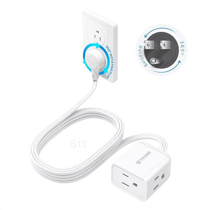 TROND 360 Rotating Flat Plug Extension Cord 6ft, 3 AC, ETL Listed, White