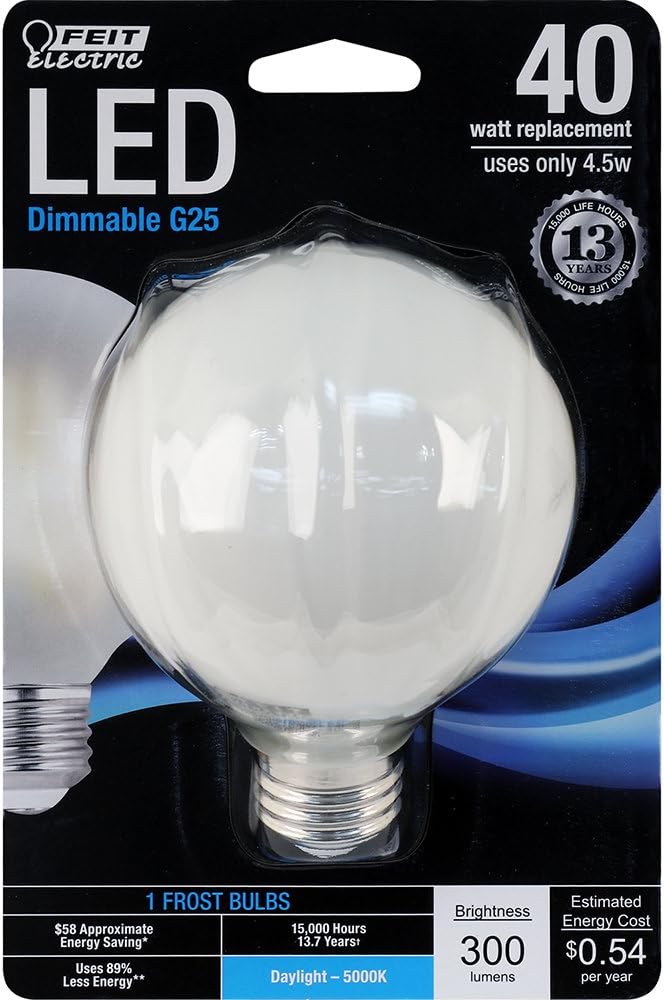 Feit Electric - Decorative Frost Glass Filament LED Dimmable 40W Equivalent Daylight (5000K) G25 Globe Light Bulb (BPG2540/F/850/LED)