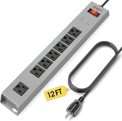 ZESEN 7 Outlet Metal Long Power Strip with Overload Protection & 1500J Surge Protection, 12ft Cord Wall Mounted Industrial Power Strip for Office Workshop Garage, ETL Listed(15A/1875W), Grey