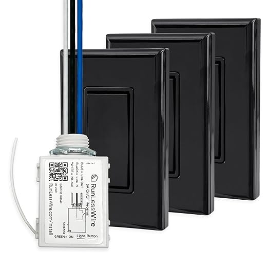 RunLessWire 4-Way Battery-Free DIY Wireless Light Switch Kit 150ft RF Range Self-Powered by Kinetic Energy for Hallways & Stairways: 3 Remote Switches Control 1 5A On/Off Receiver Black