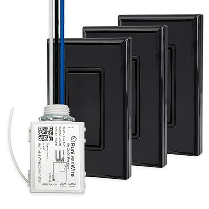 RunLessWire 4-Way Battery-Free DIY Wireless Light Switch Kit 150ft RF Range Self-Powered by Kinetic Energy for Hallways & Stairways: 3 Remote Switches Control 1 5A On/Off Receiver Black