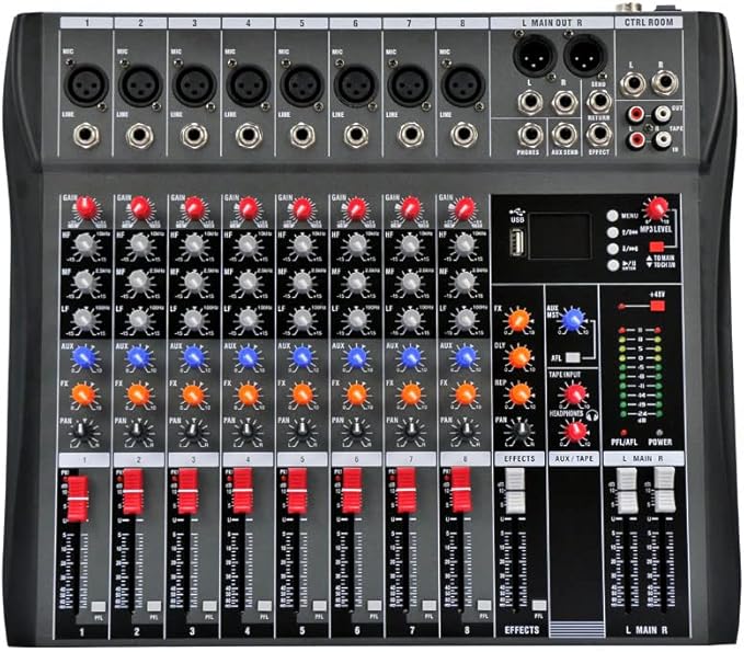 Professional Sound Board Console System 8-Channel Sound Mixing Board USB Pro Studio DJ Sound Controller Voice Mixing Sound Mixing Console Music Recording Equipment for Stage Performance Bar Home Party