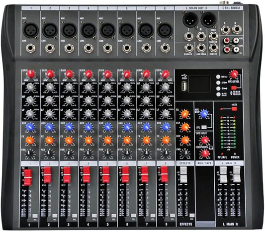 Professional Sound Board Console System 8-Channel Sound Mixing Board USB Pro Studio DJ Sound Controller Voice Mixing Sound Mixing Console Music Recording Equipment for Stage Performance Bar Home Party