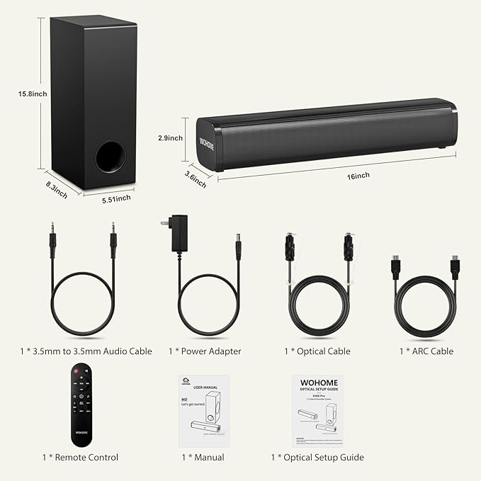 Sound Bar for Smart TV with Wired Subwoofers, 2.1 Channel Small TV Soundbar Speakers, Home Theater Surround Sound System, Bluetooth 5.3/ ARC/Optical/AUX Connectivity