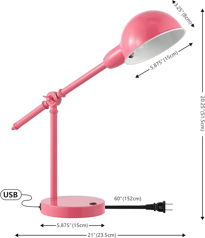 JONATHAN Y Curtis Task Lamp 20.25" Industrial Metal Adjustable USB, Pink | Vintage Style, Dome Shade, LED Bulb Included, Perfect for Home Office or Nightstand