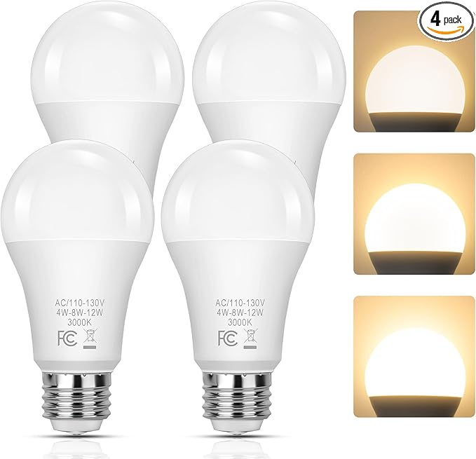 Yochoice 3 Way Light Bulbs 40 70 100 Soft White 3000K, 4-Pack A19 3 Way LED Light Bulbs, 4/8/12W Three Way Light Bulb E26 Medium Base, 3 Way Bulb for Reading, Indoor Living Room Bedroom Office Kitchen