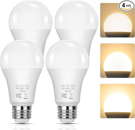 Yochoice 3 Way Light Bulbs 40 70 100 Soft White 3000K, 4-Pack A19 3 Way LED Light Bulbs, 4/8/12W Three Way Light Bulb E26 Medium Base, 3 Way Bulb for Reading, Indoor Living Room Bedroom Office Kitchen