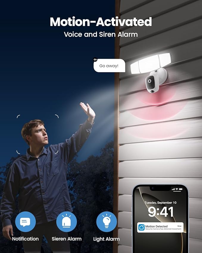 Olafus Floodlight Camera Outdoor – 2K QHD Security Cam with Motion-Activated Flood Lights, Custom Detection Zones, Color Night Vision, 2-Way Talk & 55W Dimmable Lighting White