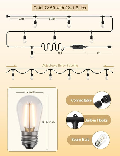 XMCOSY+ Outdoor String Lights,72.5FT Smart Dimmable Edison Bulb Patio Light | Smart App & Voice Control LED String Lights, Custom Schedules, Dimming, Warm White Light for Outside, Yard,Porch, Warerproof