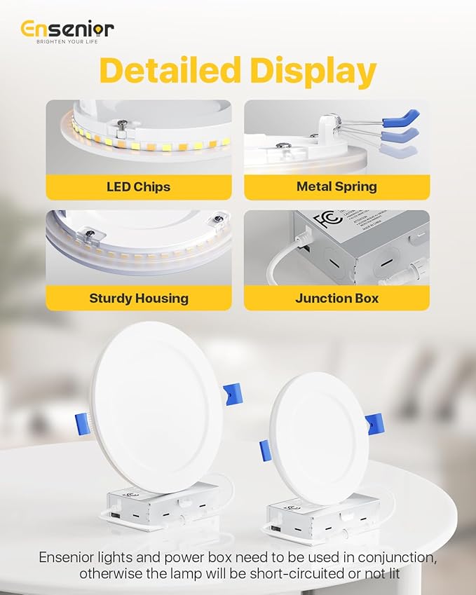 Ensenior 12 Pack 6 Inch LED Recessed Ceiling Light with Night Light, Dimmable, 2700K-5000K 5CCT, 1050LM 12W 120V, High Brightness Canless Wafer Downlight - FCC