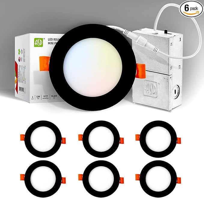 ASD 6 Pack LED Recessed Lighting 4 Inch, 5 CCT 2700K-5000K CRI90+, 12W 50W Eqv, Ultra Thin Dimmable Ceiling Lights with J Box, Canless Wafer Downlight, Round Slim Panel Light, UL Energy Star, Black