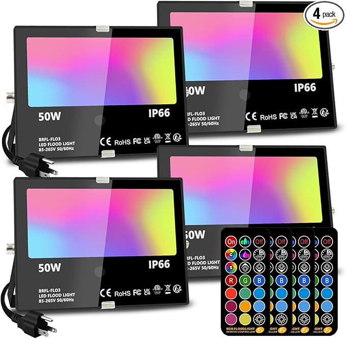 MELPO Led Flood Light Outdoor, 50W RGB Color Changing Landscape Lighting | Remote Control, Timing - 12 Colors - 4 Modes, IP66 Waterproof, US 3-Plug, MELPO (Pack of 4)