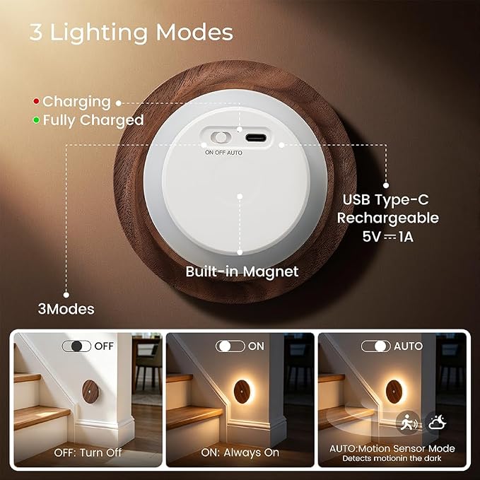 Motion Sensor Night Light 2 Packs, Wood Rechargeable Stair Lights
