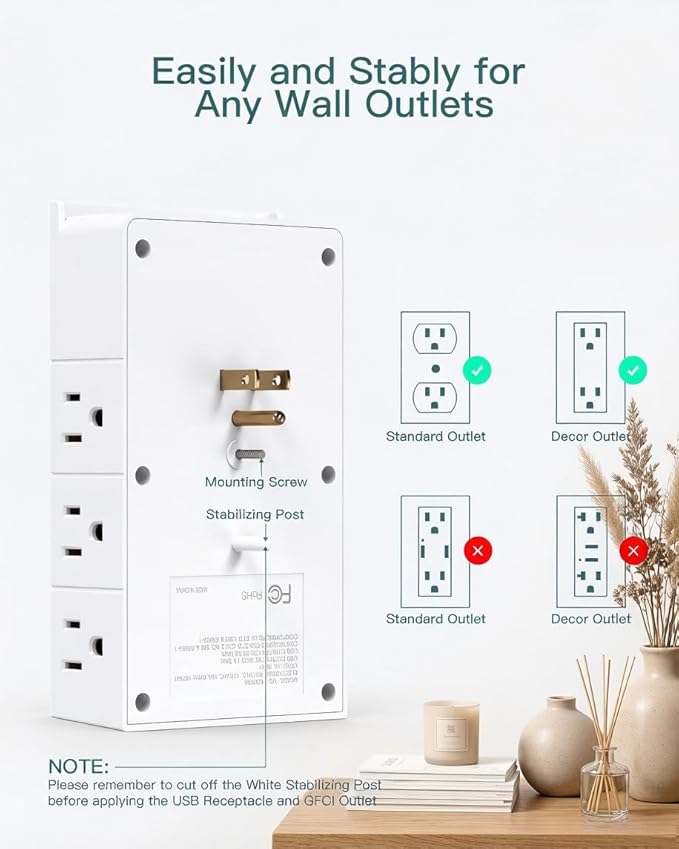 Addtam Multi Plug Wall Outlet, Surge Protector Wall Mount with 12 Outlet Extender 4 Sides and 3 USB Ports (2 USB-C), Outlet Splitter Power Strip for Home Office Dorm Room Essentials, White